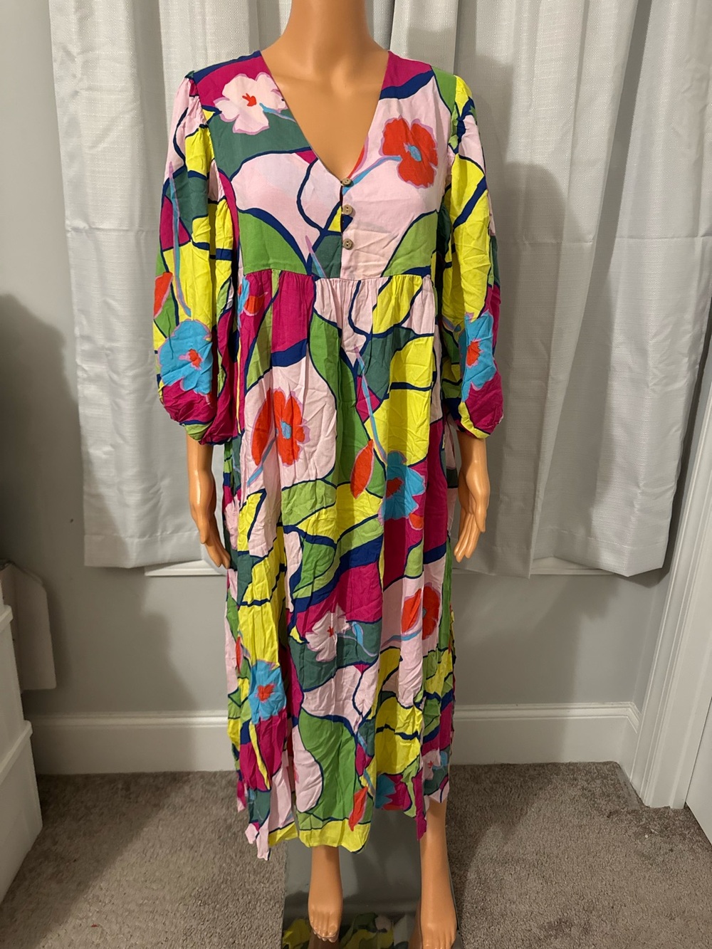 Cute Easel size S relaxed multi color 3/4 sleeve maxi dress pockets women new